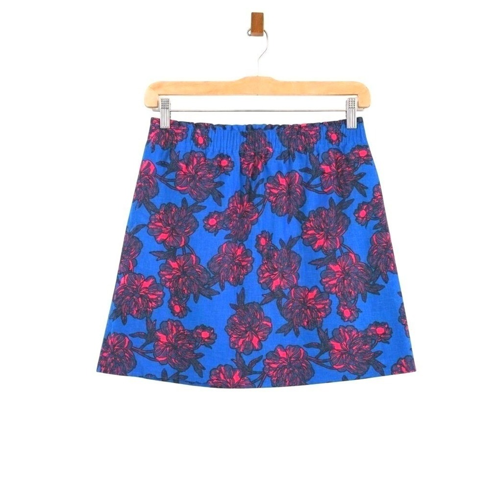 J.Crew Blue Pink Floral Linen Cotton Skirt Elastic Waist Sz 2